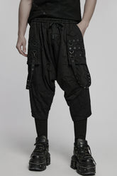 Black Tie-dyed Sagging Men's Punk Pants with Staps